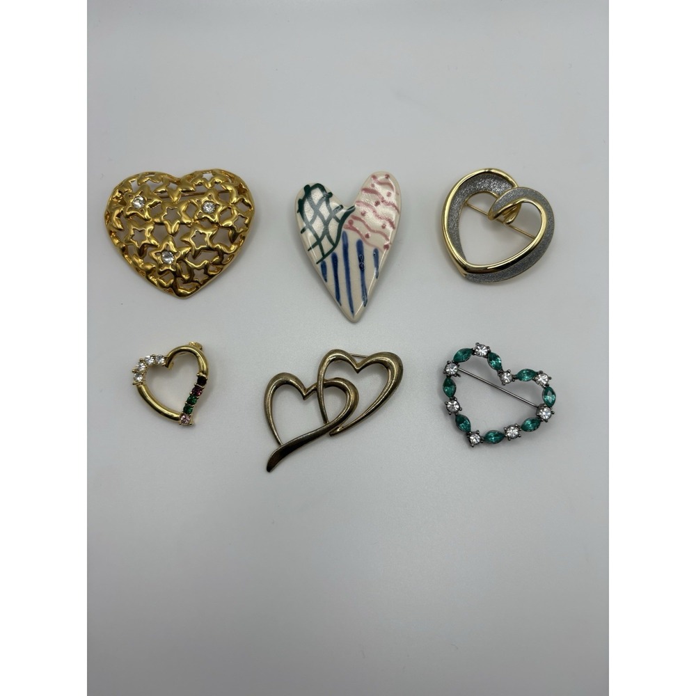 Vintage Heart Brooch Lot 6 Gold Tone Green Rhinestone Double Heart Painted Pins